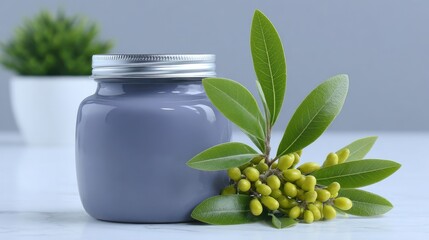 A smooth matte lavender jar with a metallic lid rests beside a sprig of green olives