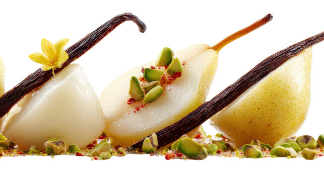 Creative plating of poached pears with vanilla bean and pistachios, isolated on a Transparent background, PNG file.