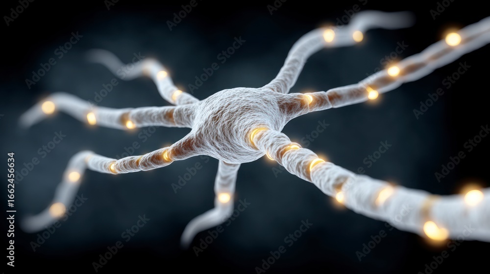 Poster close up 3d render of a neuron with glowing yellow nodes along its branches on a dark background