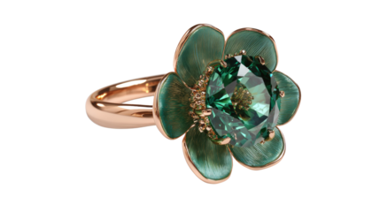 Elegant ring with a flower motif and a large emerald center, isolated on a Transparent background, PNG file.