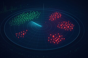 Futuristic radar screen displaying green and red clusters in a digital monitoring system