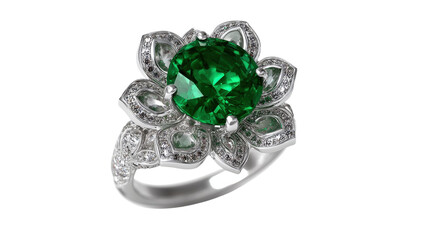 Elegant ring with a flower motif and a large emerald center, isolated on a Transparent background, PNG file.