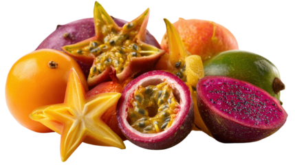 Exotic Fruits Photography: Close-up photography of exotic fruits like passion fruit, star fruit, and papaya, isolated on a Transparent background, PNG file.