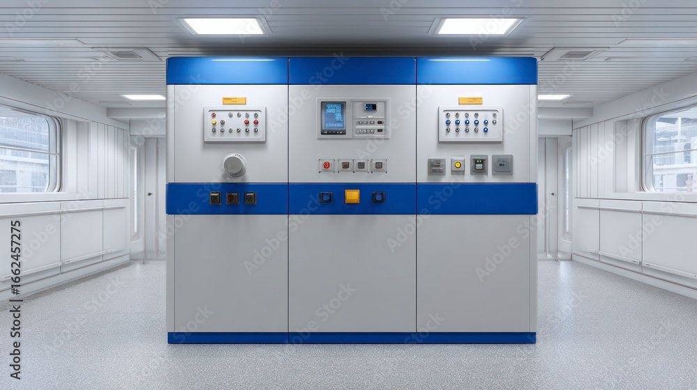 Poster industrial control panel with multiple buttons switches and a digital display in a sterile environme