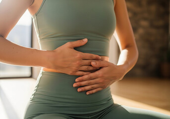Woman practicing deep breathing and mindfulness meditation in a peaceful yoga studio, focusing on abdominal breath for relaxation and well-being.