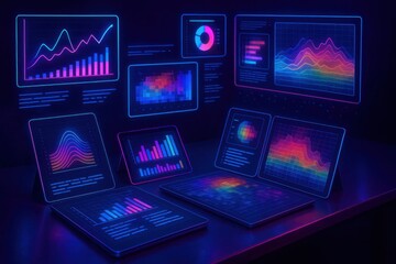 Futuristic financial analysis data visualization using glowing neon interface screens