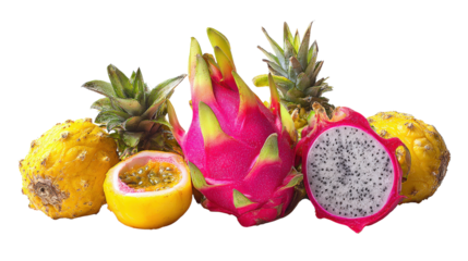 Exotic Fruits Photography: Vibrant exotic fruits like dragon fruit, passion fruit, and pineapples, isolated on a Transparent background, PNG file.