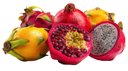 Exotic Fruits Photography: Vibrant photography of exotic fruits such as dragon fruit, passion fruit, and pomegranate, isolated on a Transparent background, PNG file.