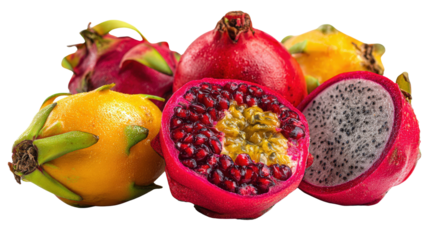 Exotic Fruits Photography: Vibrant photography of exotic fruits such as dragon fruit, passion fruit, and pomegranate, isolated on a Transparent background, PNG file.