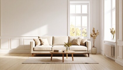 Light-filled, minimalist living room with beige sofa and coffee table