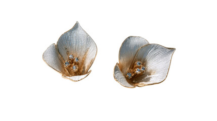 Fototapeta premium Earrings featuring delicate lily petals with diamonds and a golden center, isolated on a Transparent background, PNG file.