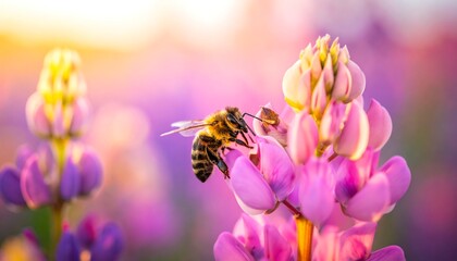 Bee pollinating pink flower at sunset