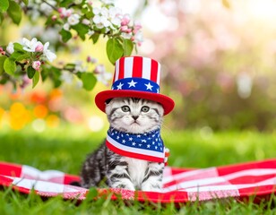 Obraz premium Cute kitten in patriotic hat and bandana