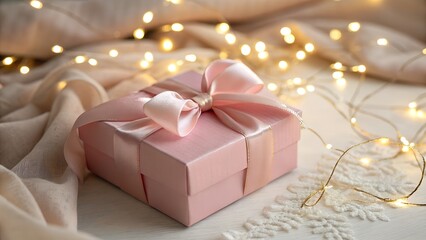 A romantic pink gift box decorated with a silky satin ribbon, placed under soft golden light with gentle bokeh sparkles in the background. The satin bow shines elegantly as if captured in a movie scen