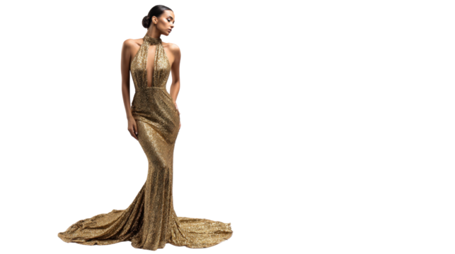 Elegant fashion model in a glittery gold gown with a dramatic neckline, isolated on a Transparent background, PNG file.