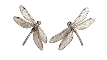 Earrings shaped like delicate dragonfly wings with silver and diamond detailing, isolated on a Transparent background, PNG file.