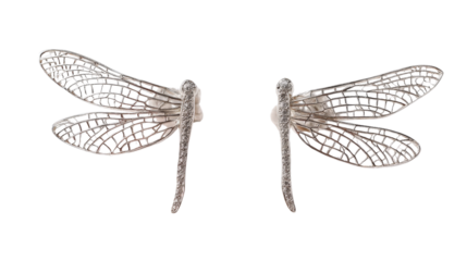 Earrings shaped like delicate dragonfly wings with silver and diamond detailing, isolated on a Transparent background, PNG file.