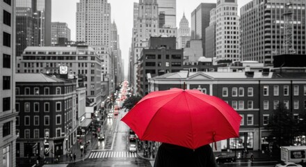 Red umbrella in a black and white city scene showcasing resilience and protection against the rain in an urban landscape with skyscrapers and streets