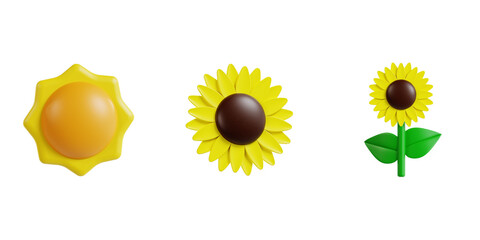 3D Summer Sun and Sunflower Growth Icon Set Illustration