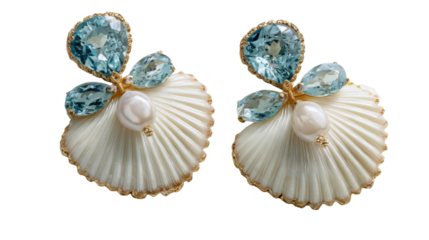 Earrings shaped like delicate sea shells with pearl and aquamarine accents, isolated on a Transparent background, PNG file.