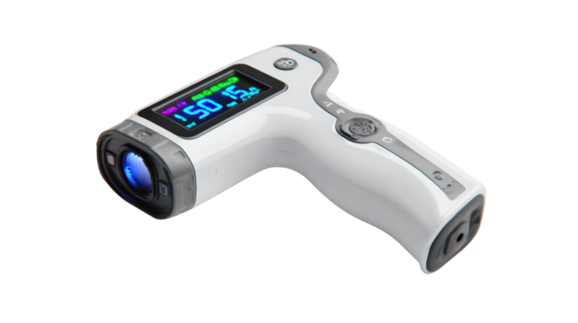 Digital infrared thermometer with high-accuracy sensors, isolated on a Transparent background, PNG file.