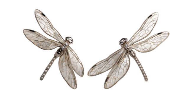 Earrings shaped like delicate dragonfly wings with silver and diamond detailing, isolated on a Transparent background, PNG file.
