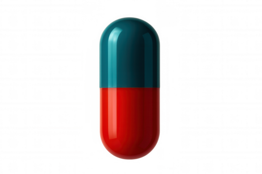 Red and teal medicine capsule on transparent background, promoting healthcare and pharmaceutical industry - Powered by Adobe