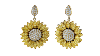 Earrings shaped like sunflowers with yellow diamonds and gold petals, isolated on a Transparent background, PNG file.