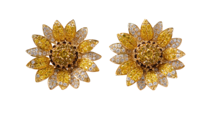 Earrings shaped like sunflowers with yellow diamonds and gold petals, isolated on a Transparent background, PNG file.