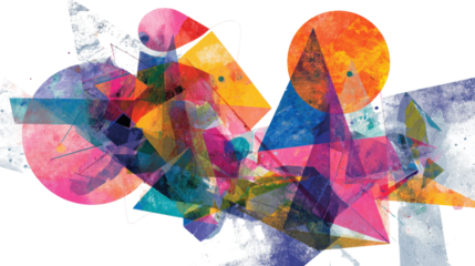 Digital Art Collage: Abstract digital art collage with geometric shapes and bright colors, isolated on a Transparent background, PNG file.