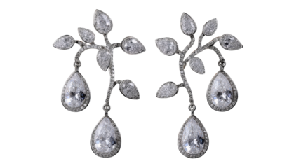 Earrings shaped like tree branches with hanging diamond leaves, isolated on a Transparent background, PNG file.