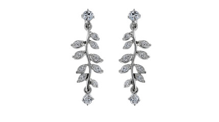 Earrings shaped like tree branches with hanging diamond leaves, isolated on a Transparent background, PNG file.
