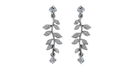 Earrings shaped like tree branches with hanging diamond leaves, isolated on a Transparent background, PNG file.