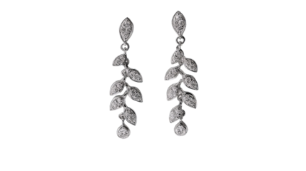 Earrings with cascading vine designs, each featuring a small diamond drop, isolated on a Transparent background, PNG file.