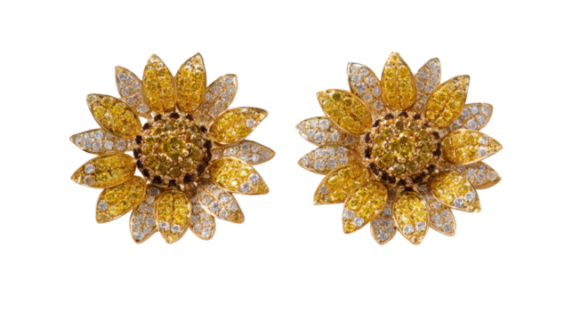 Earrings shaped like sunflowers with yellow diamonds and gold petals, isolated on a Transparent background, PNG file.