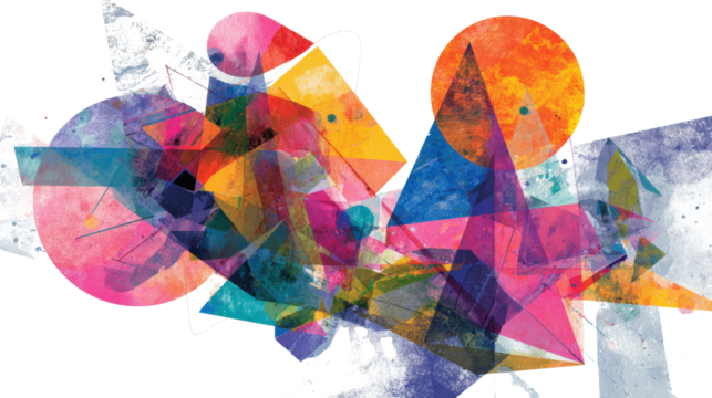 Digital Art Collage: Abstract digital art collage with geometric shapes and bright colors, isolated on a Transparent background, PNG file.