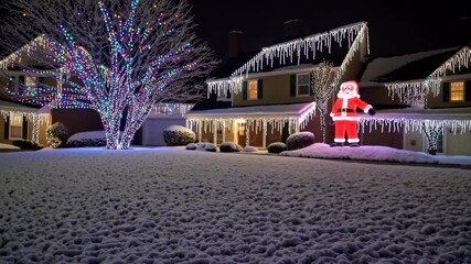 Festive winter scene with colorful lights on houses and trees, captured at night from a low angle. Perfect for a holiday video backdrop.