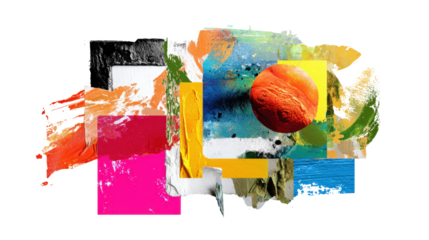 Digital Art Collage: Creative digital collage blending various textures and bold color contrasts, isolated on a Transparent background, PNG file.