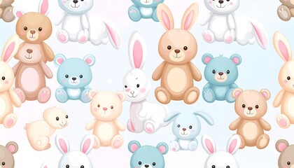 Cute cartoon plush toys seamless pattern