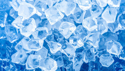 Cool Cubes: A refreshing close-up captures a textured assortment of ice cubes, each crystalline form gleaming with refreshing coolness. Perfect for illustrations of refreshments, summer.