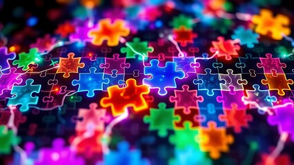Glowing puzzle pieces forming a neuron-like mosaic in vibrant biological colors, depicting interconnected systems.