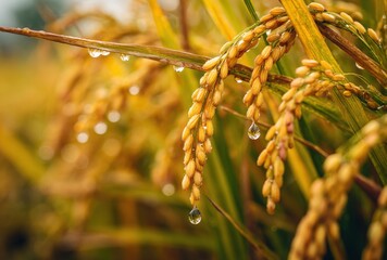 Close-up of ripe golden wheat stalks swaying in a gentle breeze in a vast field during daytime