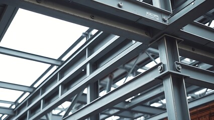 Obraz premium Industrial metal beams forming an abstract geometric composition in a construction setting with cool steel tones.