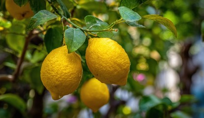 Close-up of ripe yellow lemons hanging on a lush green lemon tree in a garden