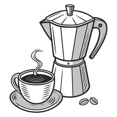 Coffee pot cup and beans espresso saucer