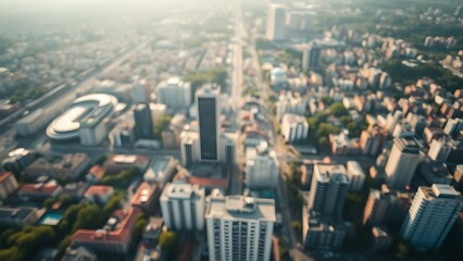 Obraz premium Aerial view of an urban landscape with soft focus and natural ambient light creating a serene mood.