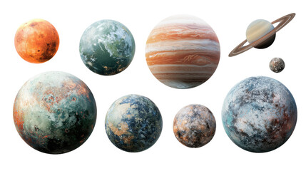 Digital Space Art: Futuristic digital space art featuring planets, stars, and alien landscapes, isolated on a Transparent background, PNG file.