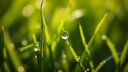 Morning dew glistens on tender grass blades, capturing the freshness of a spring day.