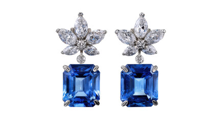 Floral-inspired earrings with a large sapphire center and diamond petals, isolated on a Transparent background, PNG file.