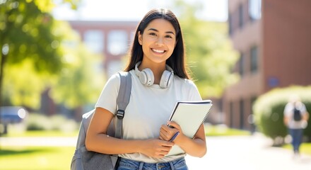 A smiling young Latina woman, wearing a backpack and headphones, stands on a college campus holding notebooks. She exudes confidence and academic success.